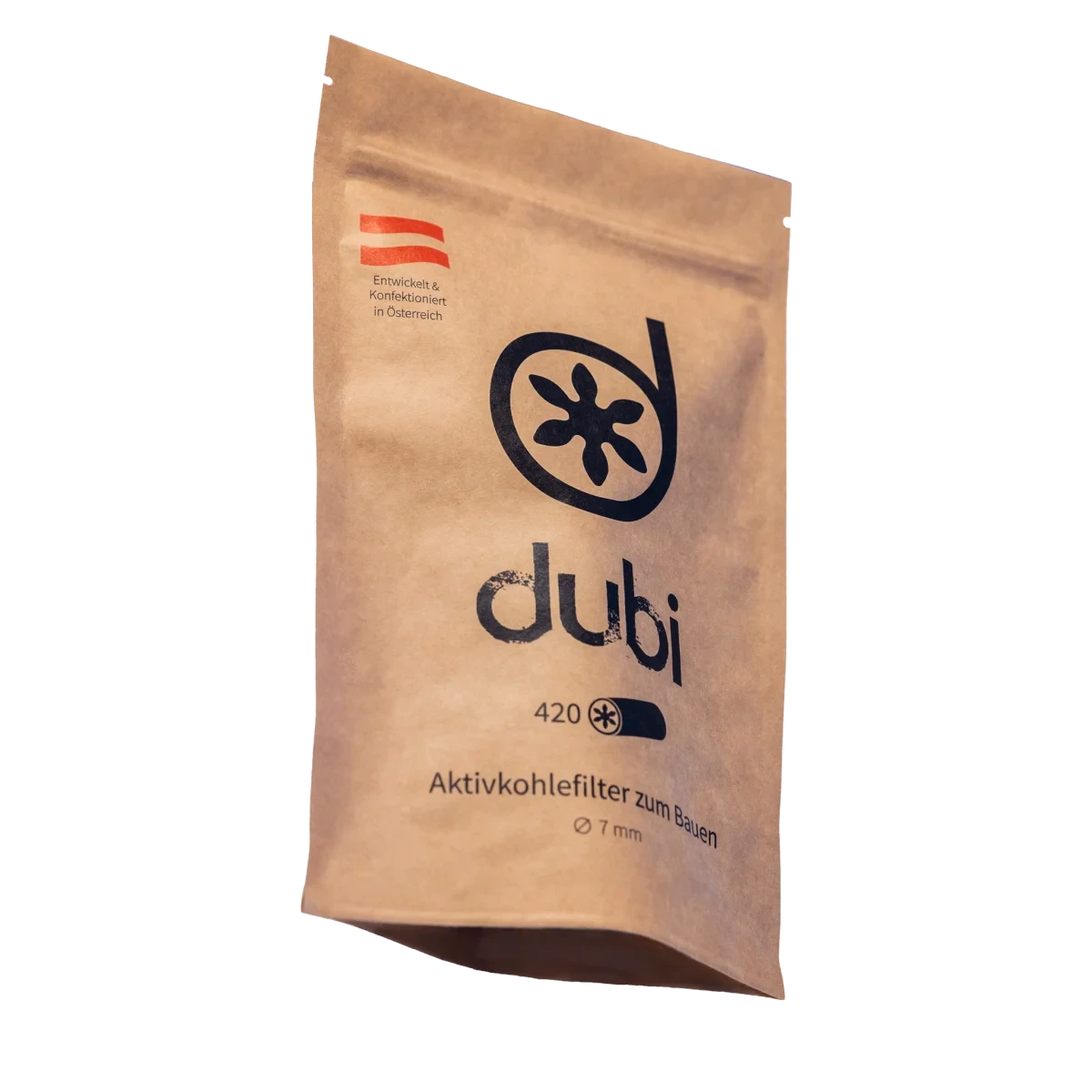 Dubi 420 Aktivkohlefilter zum Bauen – braune Kraftpapier-Standbeutel-Verpackung mit Dubi-Logo, österreichischer Flagge und Aufschrift "Entwickelt & Konfektioniert in Österreich", 420 Stück, Ø 7mm